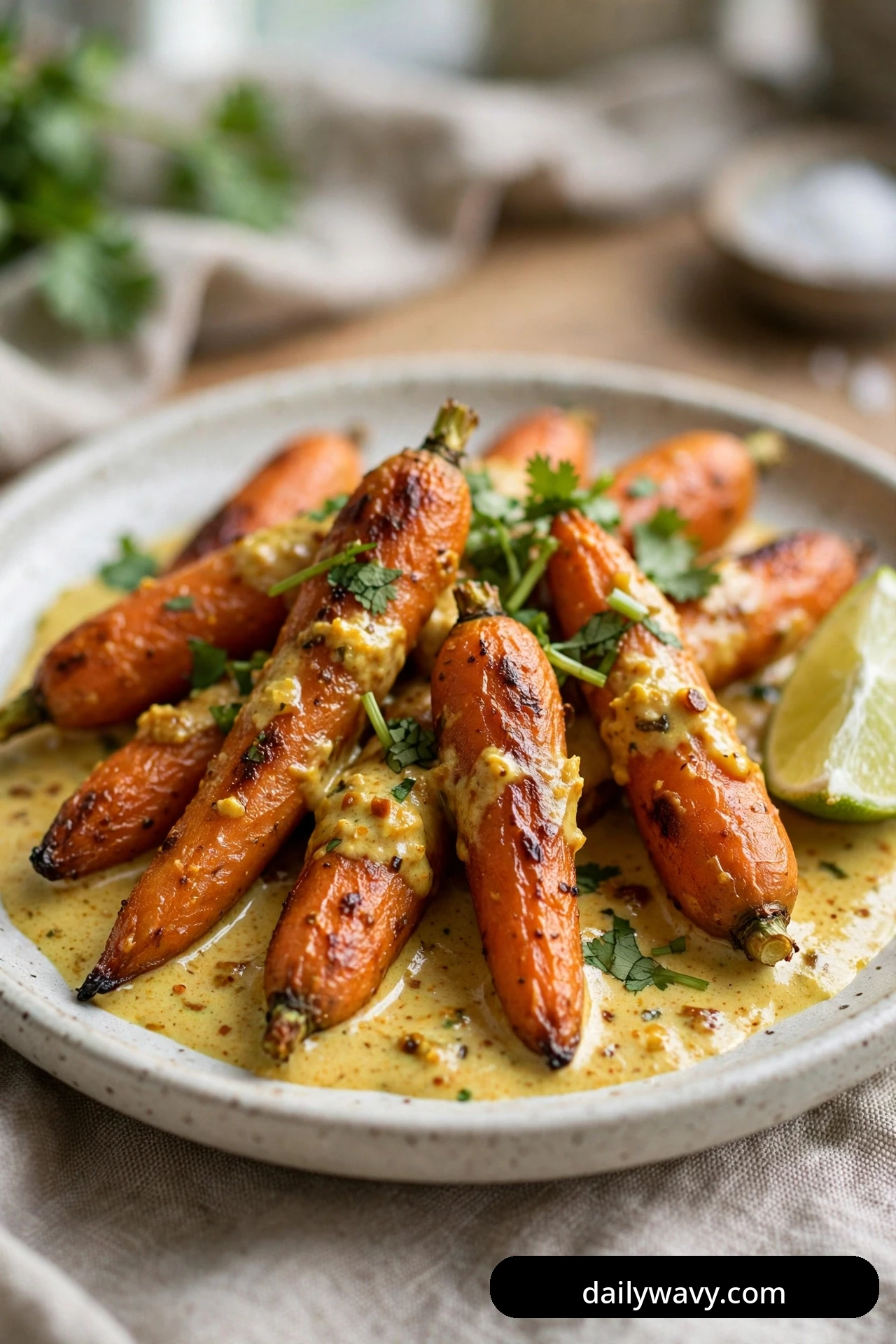 Roasted carrots rest in a pool of golden coconut curry sauce on a speckled plate, scattered with cilantro leaves, with a lime wedge at the edge.