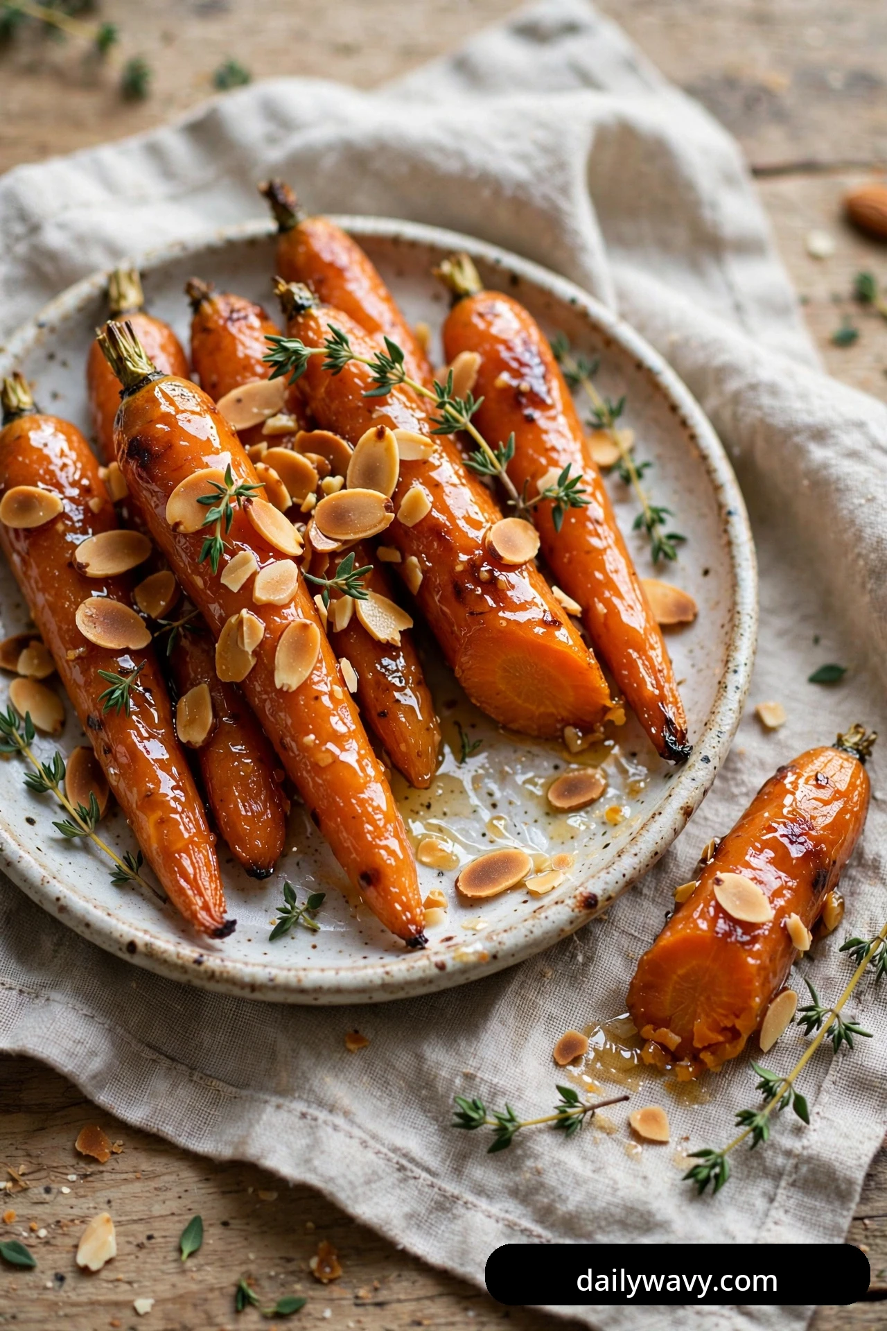 Glossy honey-glazed whole carrots on a speckled plate are scattered with toasted sliced almonds and thyme sprigs, with one carrot resting on the linen beside the plate.