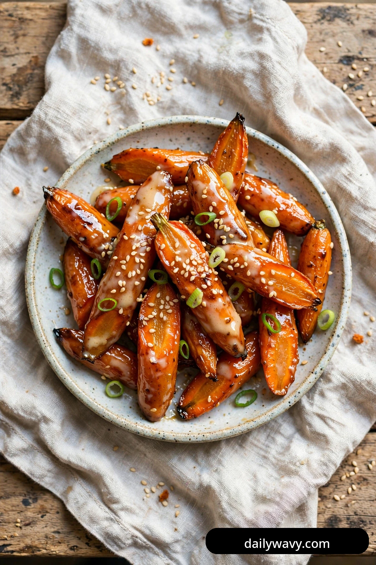 An overhead speckled bowl of glossy miso-glazed roasted carrots is sprinkled with sesame seeds and sliced scallions.