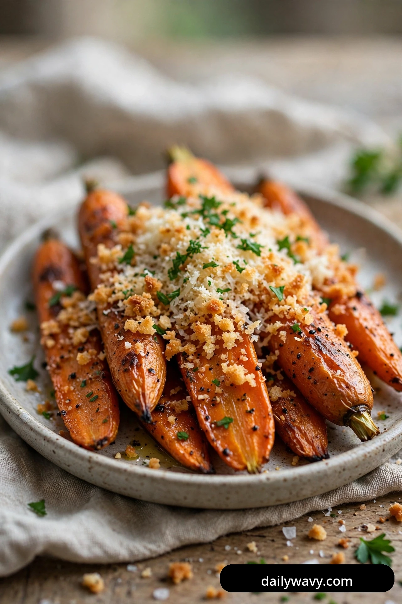 Halved roasted carrots on a speckled plate are heaped with golden toasted breadcrumbs and chopped parsley.