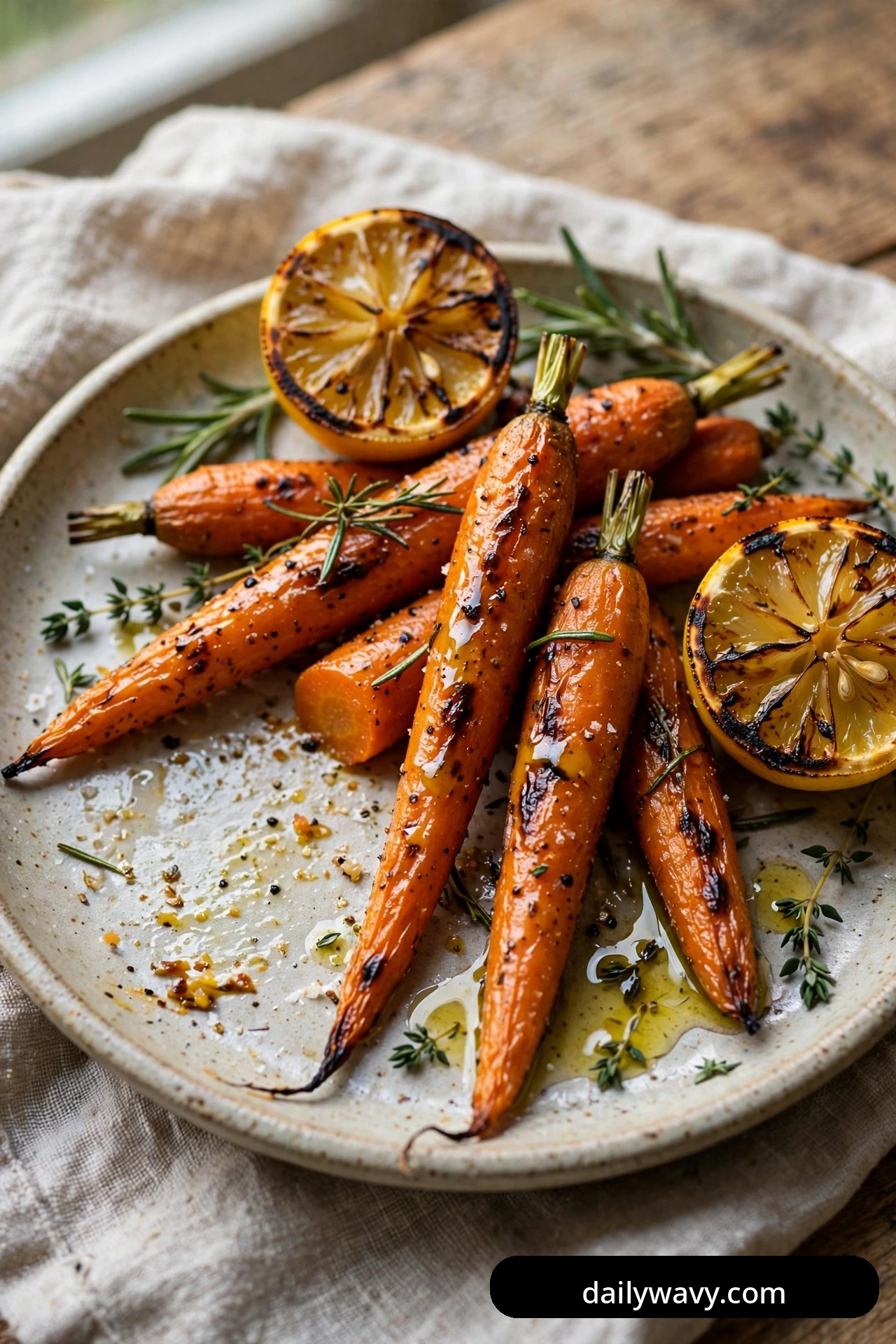 Whole roasted carrots on a speckled plate are served with two charred lemon halves and sprigs of rosemary and thyme.