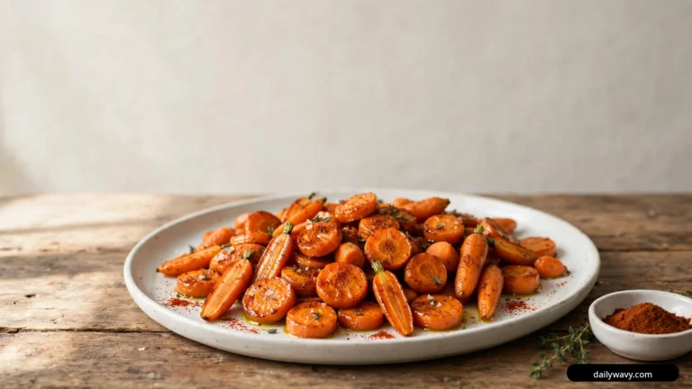A wide white platter piled with roasted carrot coins and short whole carrots, dusted with smoked paprika and scattered thyme leaves, sits on a wooden table with a small dish of paprika beside it.