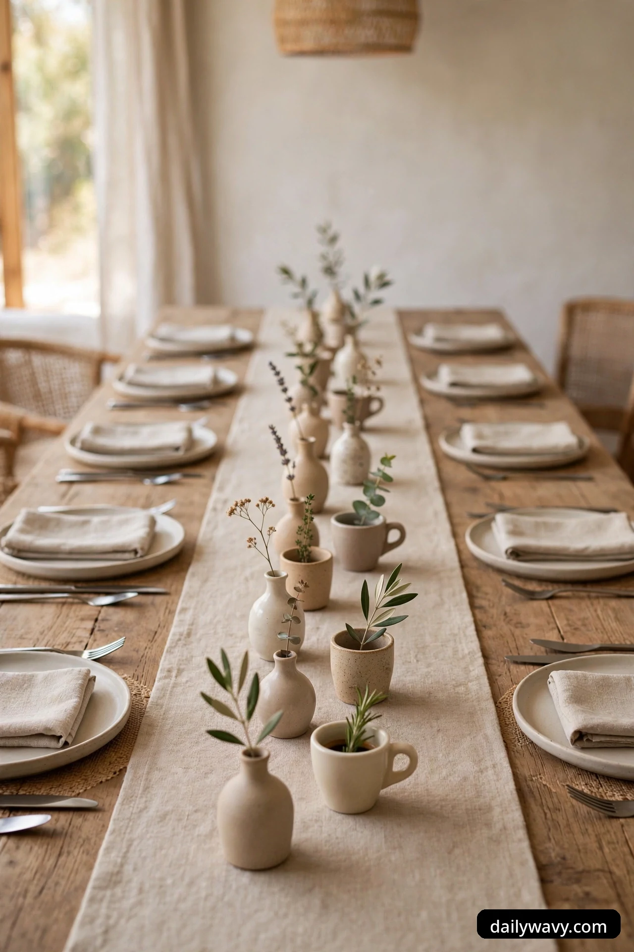 A long row of small ceramic bud vases and cups holding single green stems down the center of a linen runner, with plates and napkins on both sides