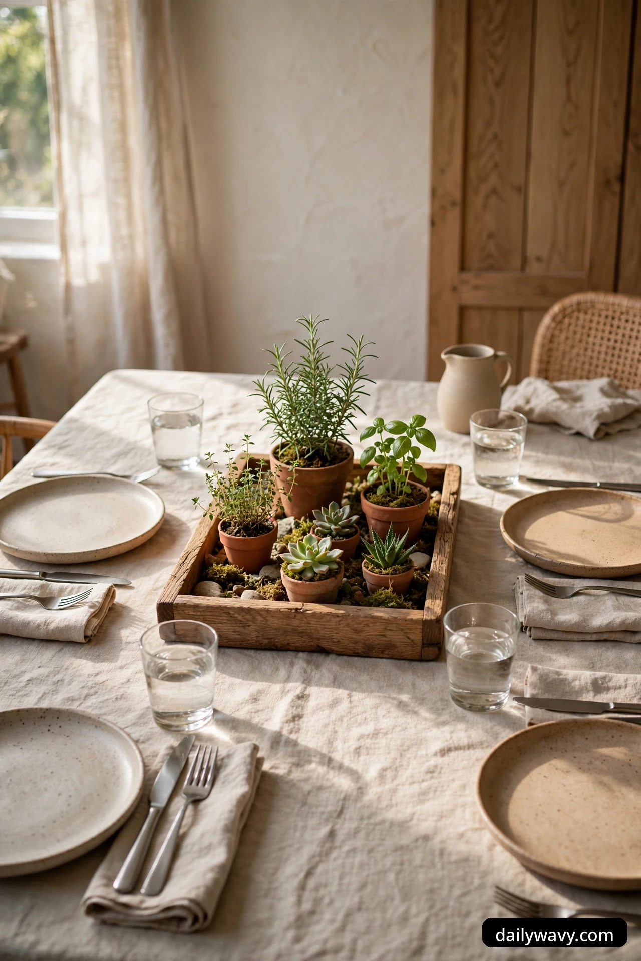 A wood tray holding small terracotta pots of rosemary, basil, thyme, and succulents on a linen tablecloth between stoneware plates and water glasses