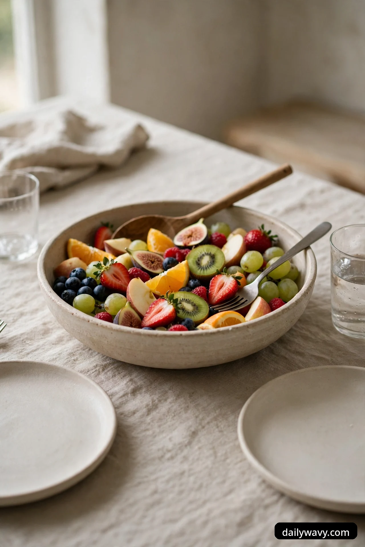 A wide shallow stoneware bowl filled with mixed cut fruit, strawberries, kiwi, figs, grapes, blueberries, and orange slices, with serving utensils resting inside