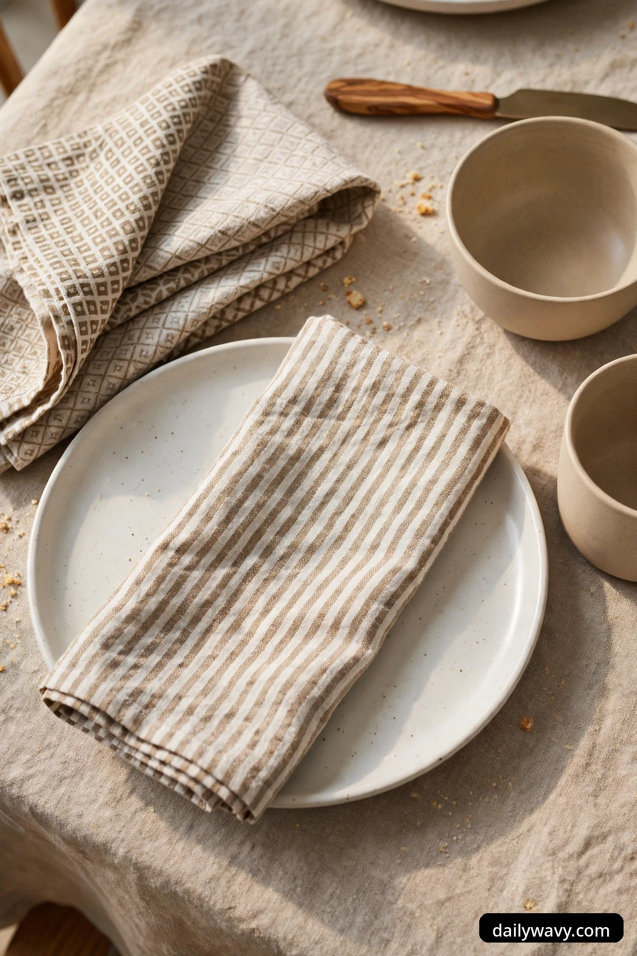 A beige and white striped linen napkin folded into a rectangle across a white plate, with a check-pattern napkin and stoneware bowls beside it