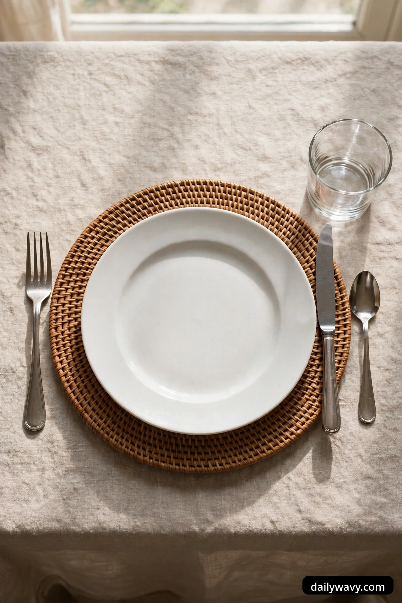 A top-down view of one place setting with a white plate on a round woven rattan charger, fork on the left, knife and spoon on the right, and a clear glass at the top right