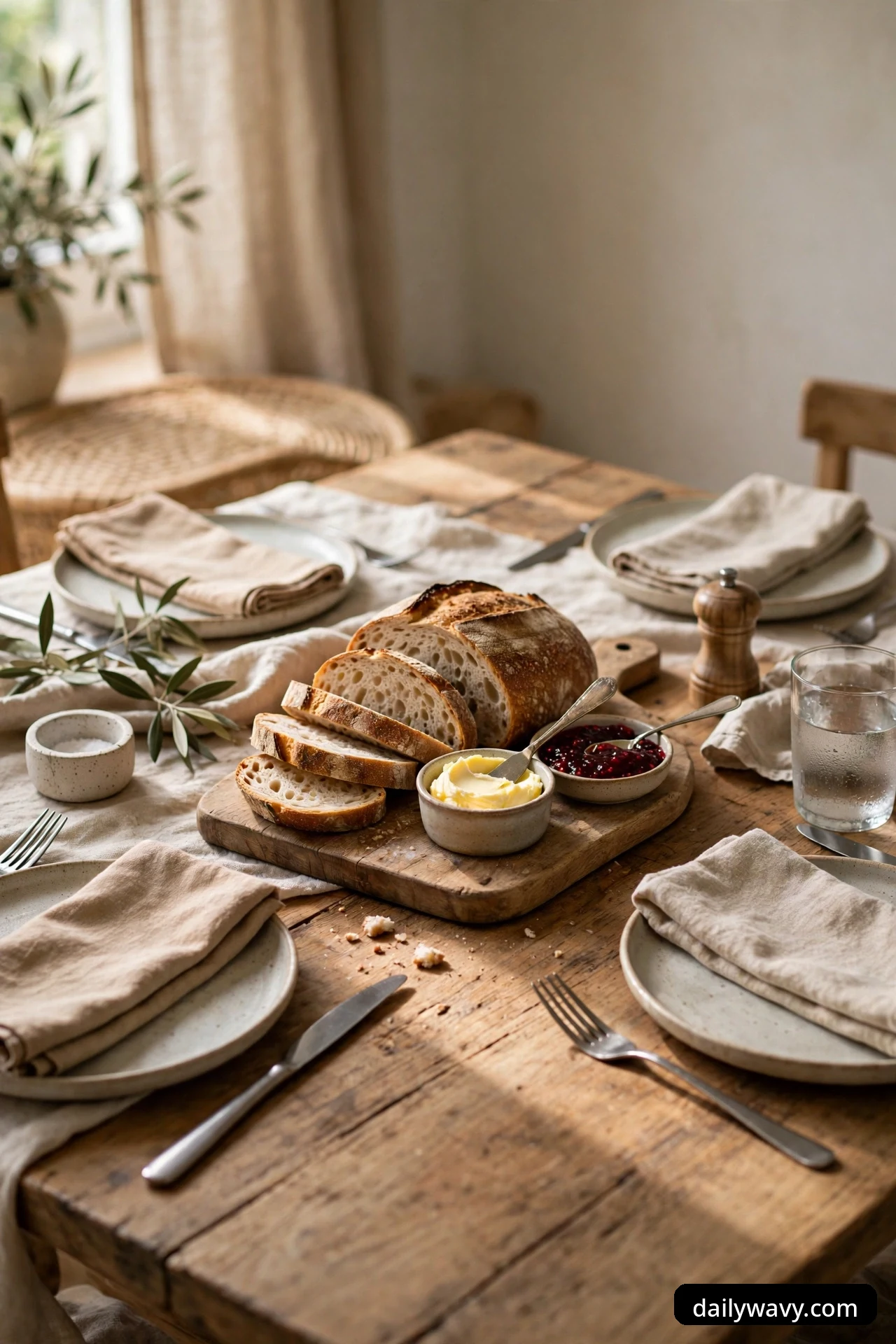 A wood board holding a sliced sourdough loaf with small bowls of butter and red jam, set at the center of a wood table with plates and linen napkins around it