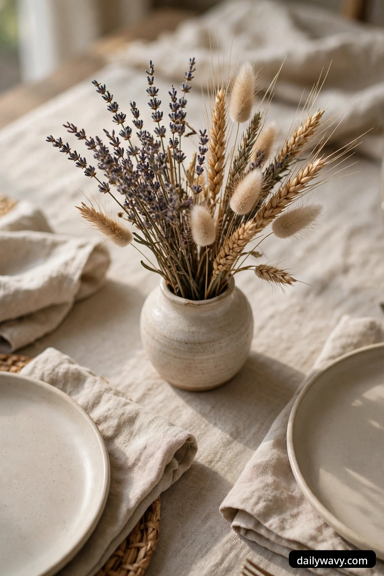 A small round ceramic vase holding dried lavender, wheat stems, and bunny tail grass on a linen tablecloth between stoneware plates and napkins