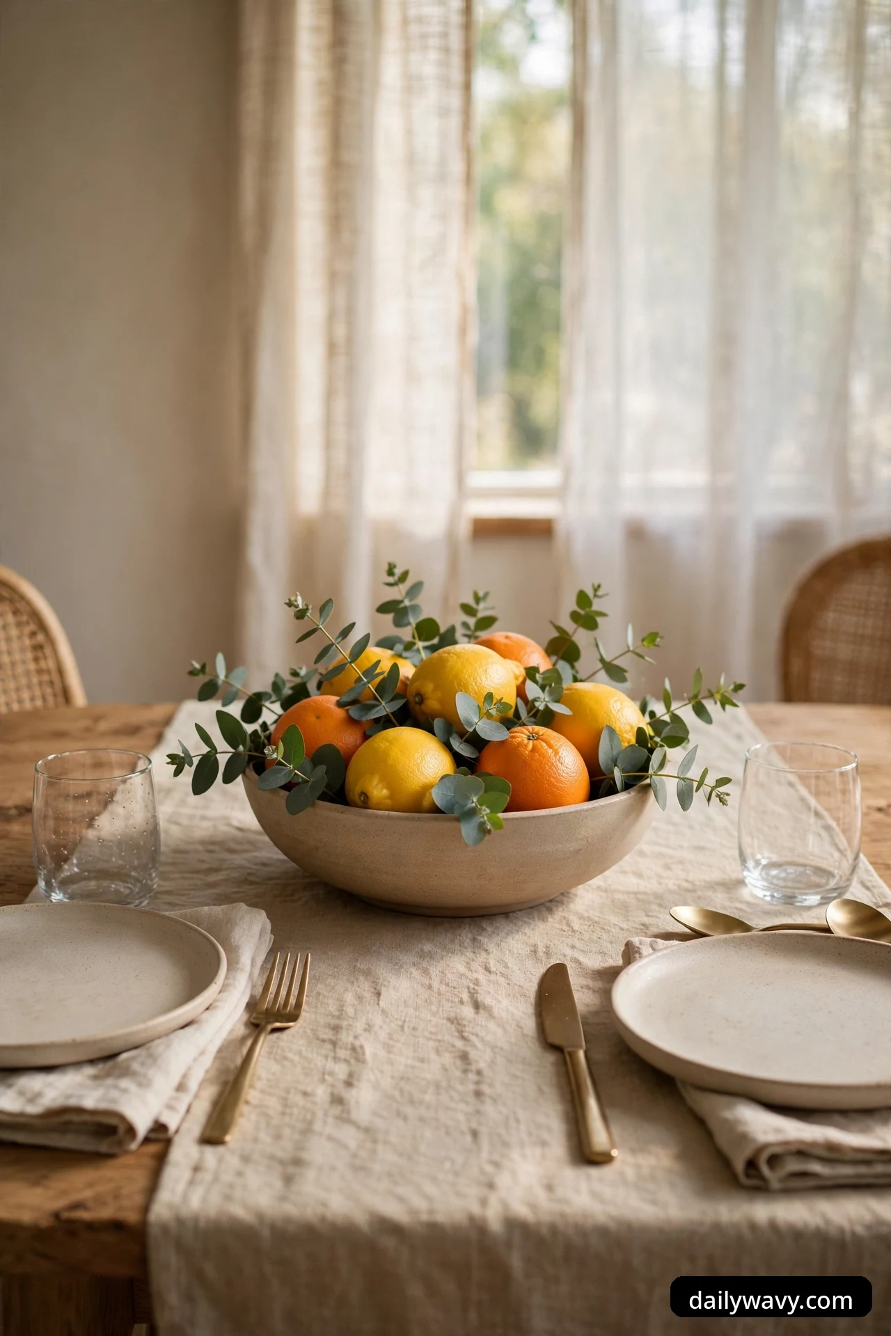 A low beige bowl of lemons and oranges tucked with eucalyptus sprigs on a linen runner between plates and gold flatware