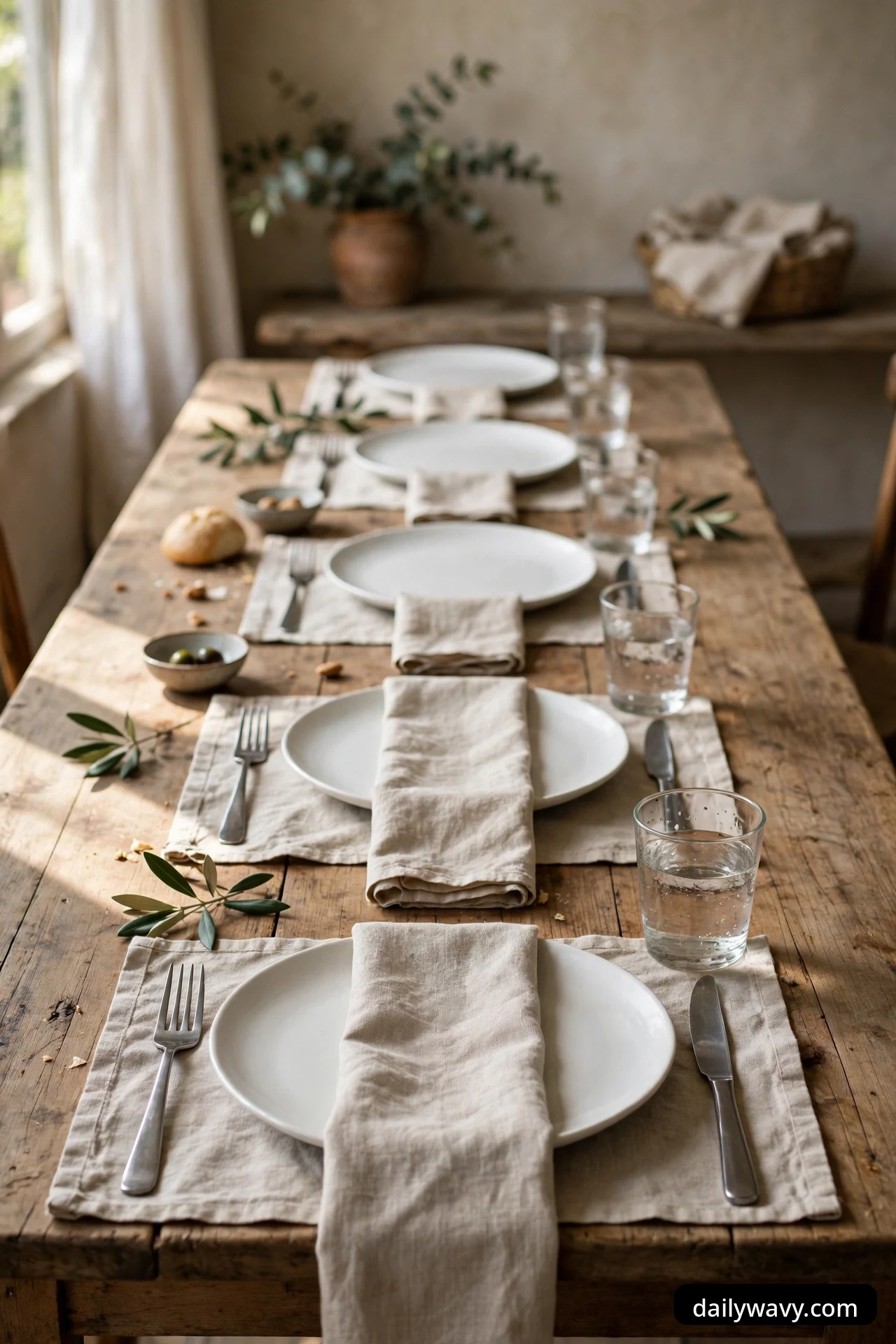 A wood table where each place setting has a beige fabric strip running front to back beneath the white plate, with a folded napkin, fork, knife, and water glass