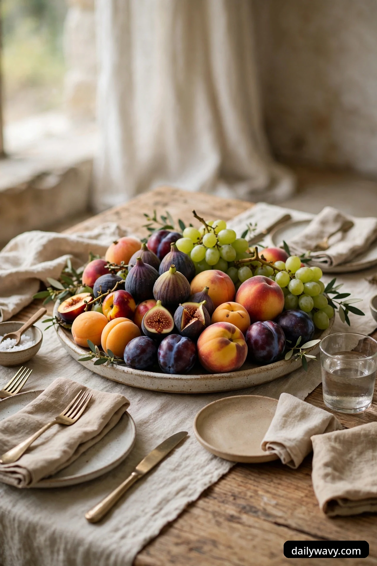 A large round platter piled with figs, peaches, plums, green and purple grapes, and apricots with olive sprigs, set at the center of a wood table