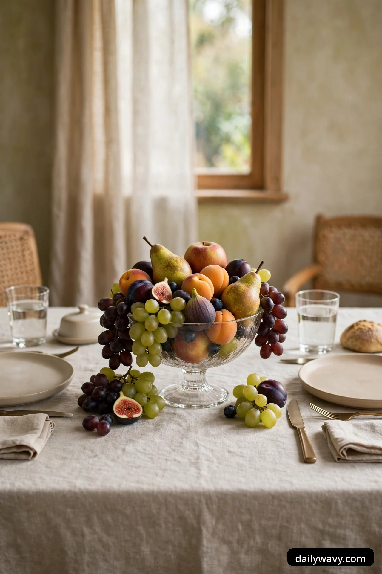 A glass footed compote piled with pears, apples, apricots, figs, plums, and green and purple grapes spilling over the edge, on a linen tablecloth