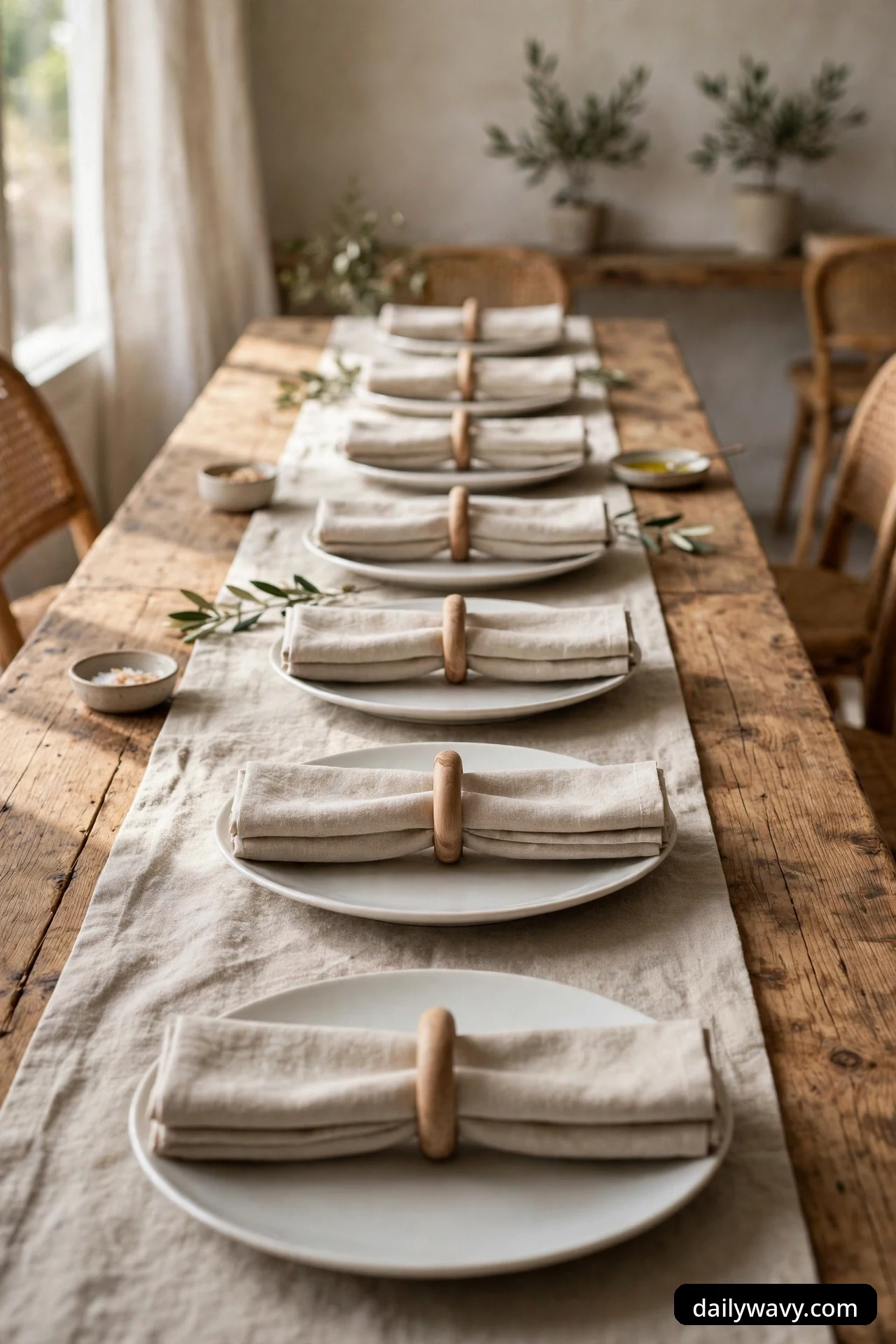 A row of white plates on a linen runner, each holding a folded beige linen napkin slipped through a simple wood napkin ring, with olive sprigs alongside