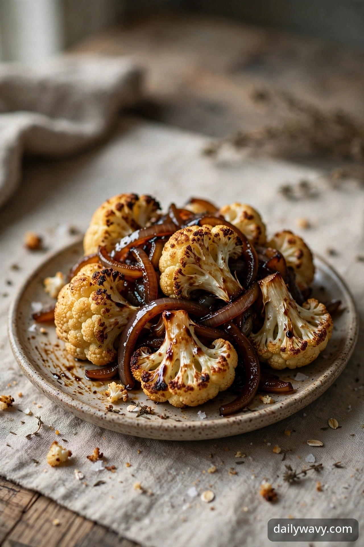 Roasted cauliflower with balsamic-glazed onions in a serving dish