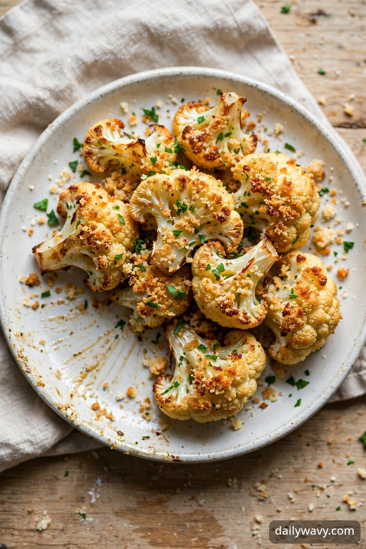 Roasted cauliflower topped with crispy parmesan crumbs