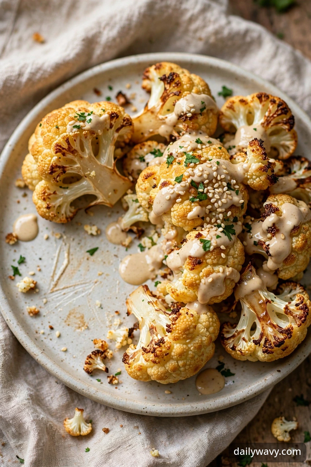 Roasted cauliflower with tahini drizzle and sesame seeds