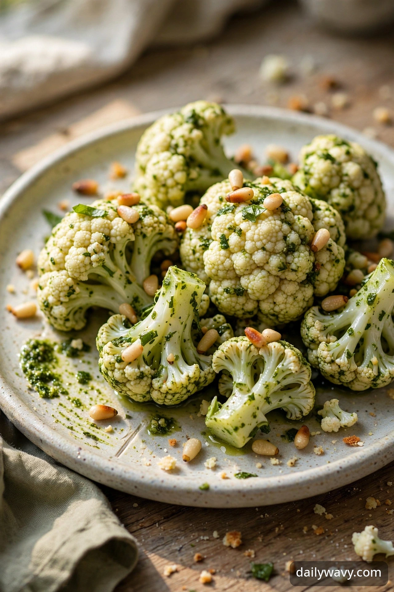 Cauliflower tossed with basil pesto and toasted pine nuts