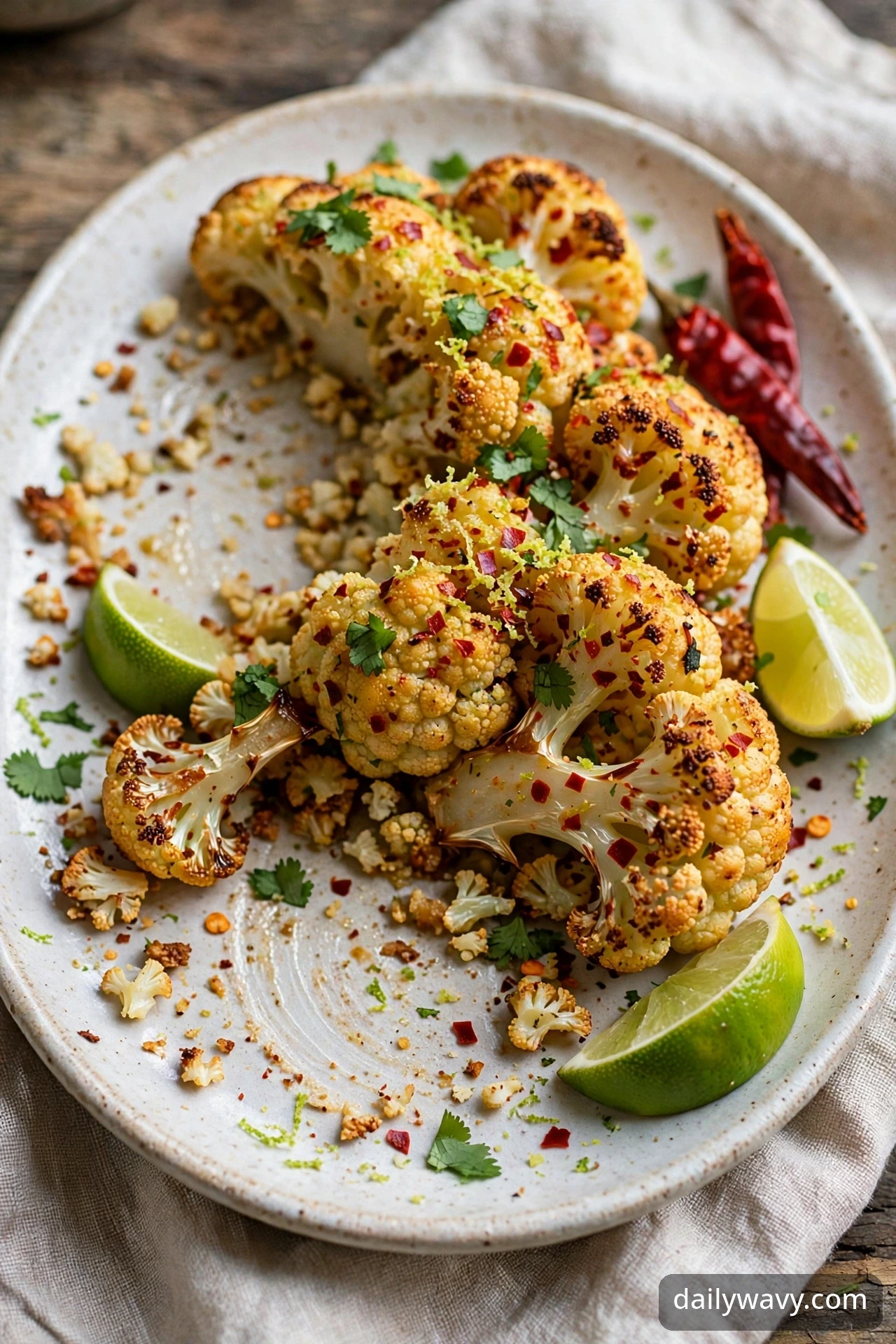 Roasted cauliflower with lime, chili flakes, and cilantro