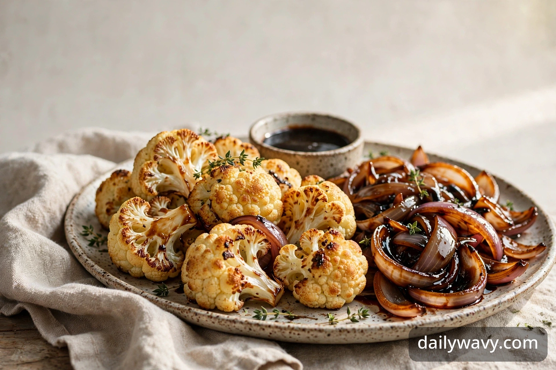 Roasted cauliflower side dish with balsamic-glazed onions on a serving platter