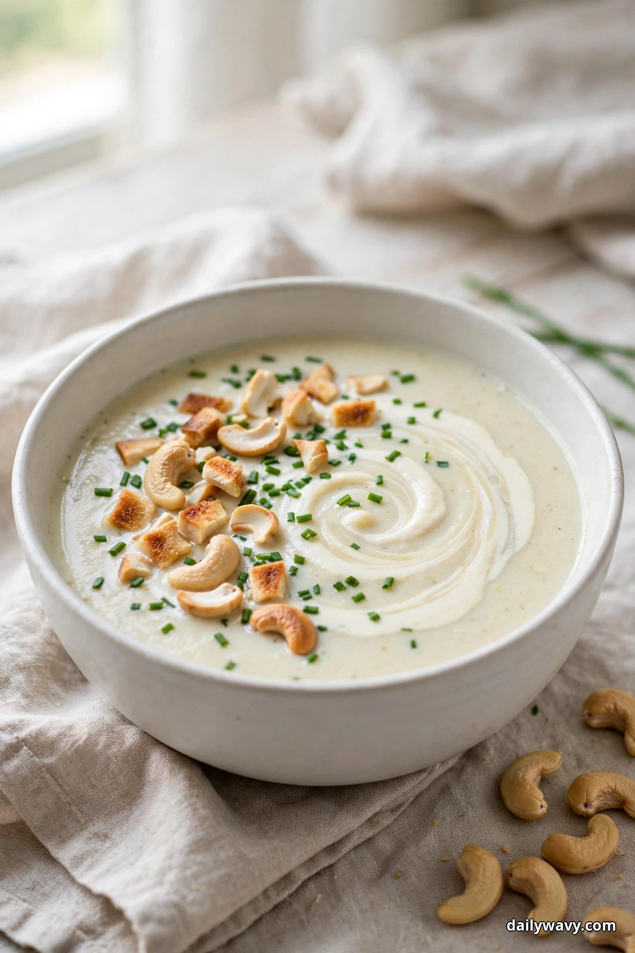 A white bowl of creamy cauliflower soup with a pale cashew cream swirl and a scattering of chopped chives sits on a rumpled linen cloth in bright window light
