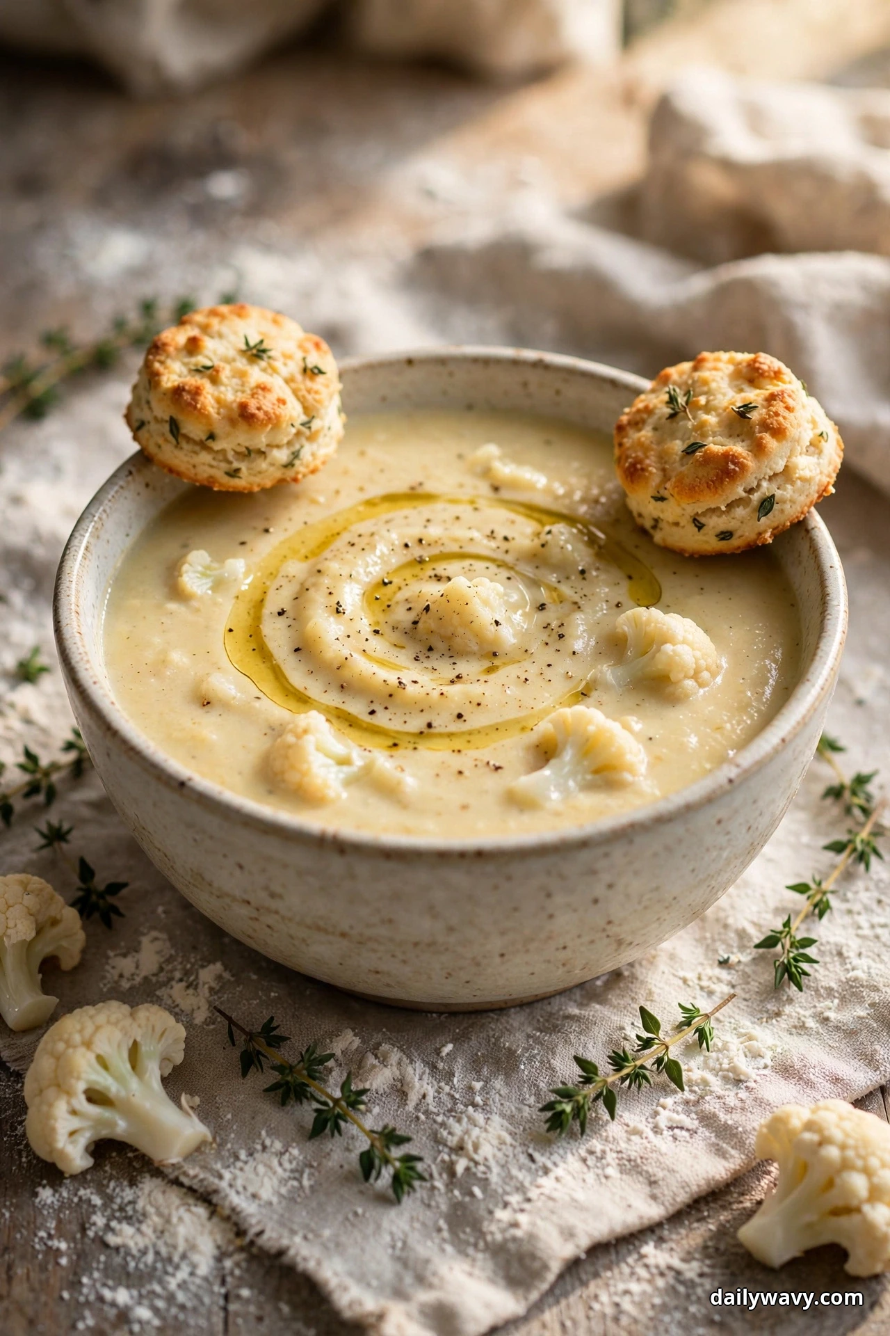 A bowl of creamy cauliflower soup with an olive oil swirl and cracked pepper has two golden thyme biscuits resting on its rim, with fresh thyme sprigs and raw cauliflower florets scattered around it