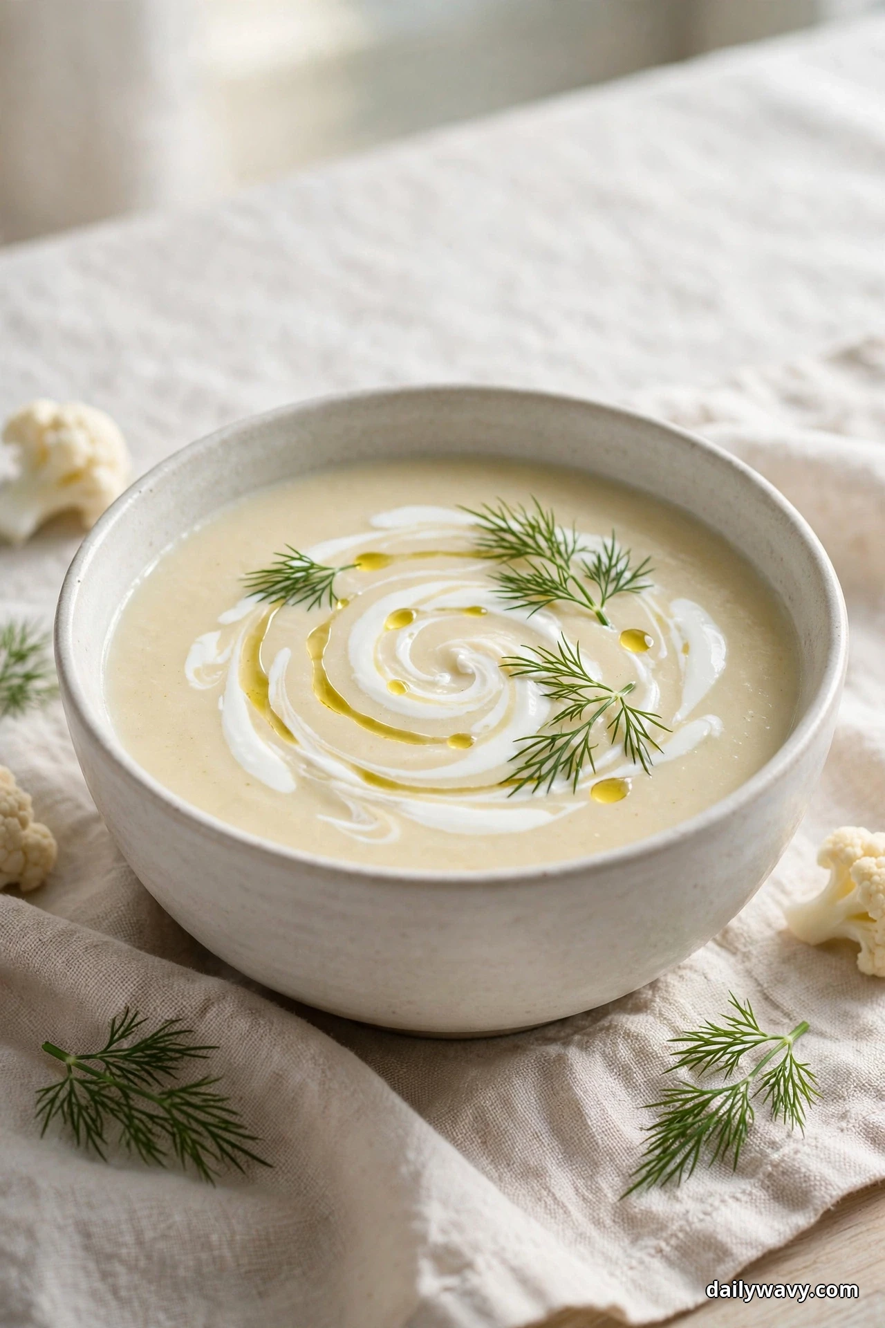 A bowl of creamy cauliflower soup with a white yogurt spiral, drops of olive oil and fresh dill fronds sits on a pale linen cloth with raw cauliflower florets around it