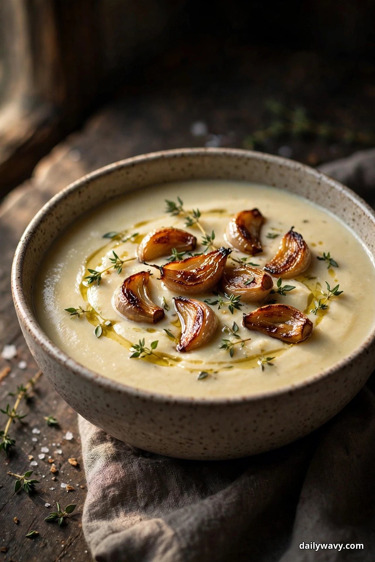 A speckled ceramic bowl of creamy cauliflower soup topped with caramelized roasted garlic cloves, fresh thyme leaves and a drizzle of olive oil sits on a dark wooden table