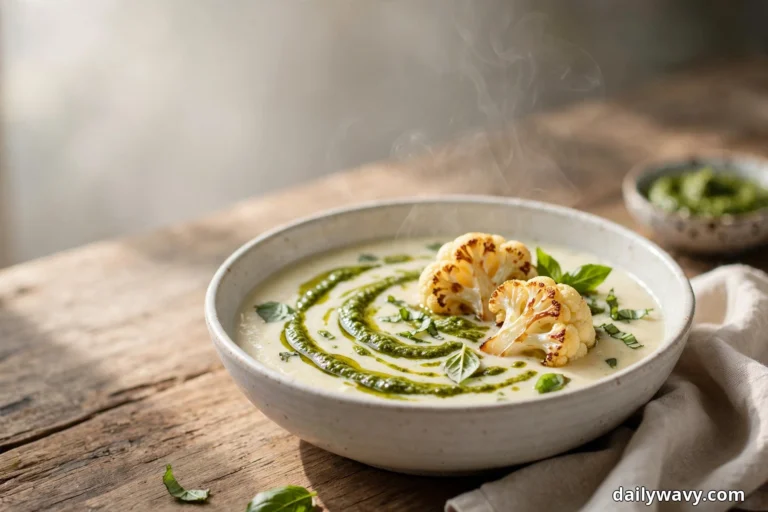 A steaming ceramic bowl of creamy cauliflower soup swirled with green basil pesto and topped with two roasted cauliflower florets and torn basil leaves sits on a rustic wooden table beside a small dish of pesto