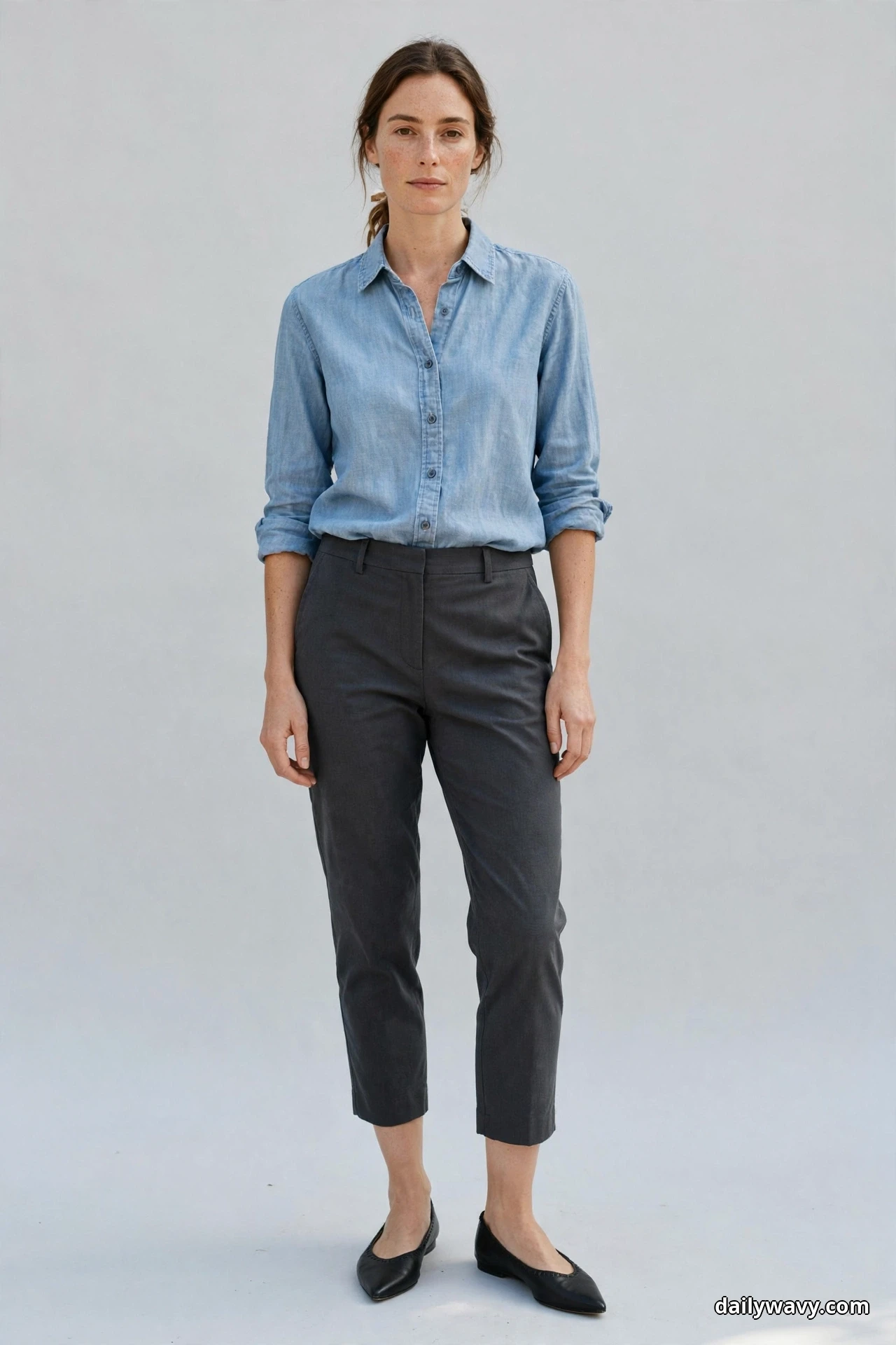A woman stands full length against a plain light gray wall wearing a light blue chambray shirt tucked into charcoal cropped trousers that end above the ankle, with black pointed flats