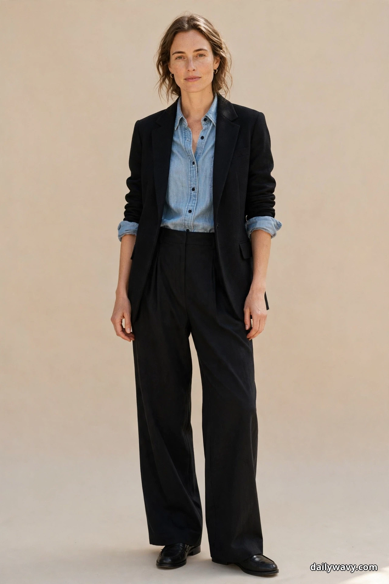 A woman stands full length against a plain beige wall wearing a light blue chambray shirt under an open black structured blazer with black wide-leg trousers, with black loafers