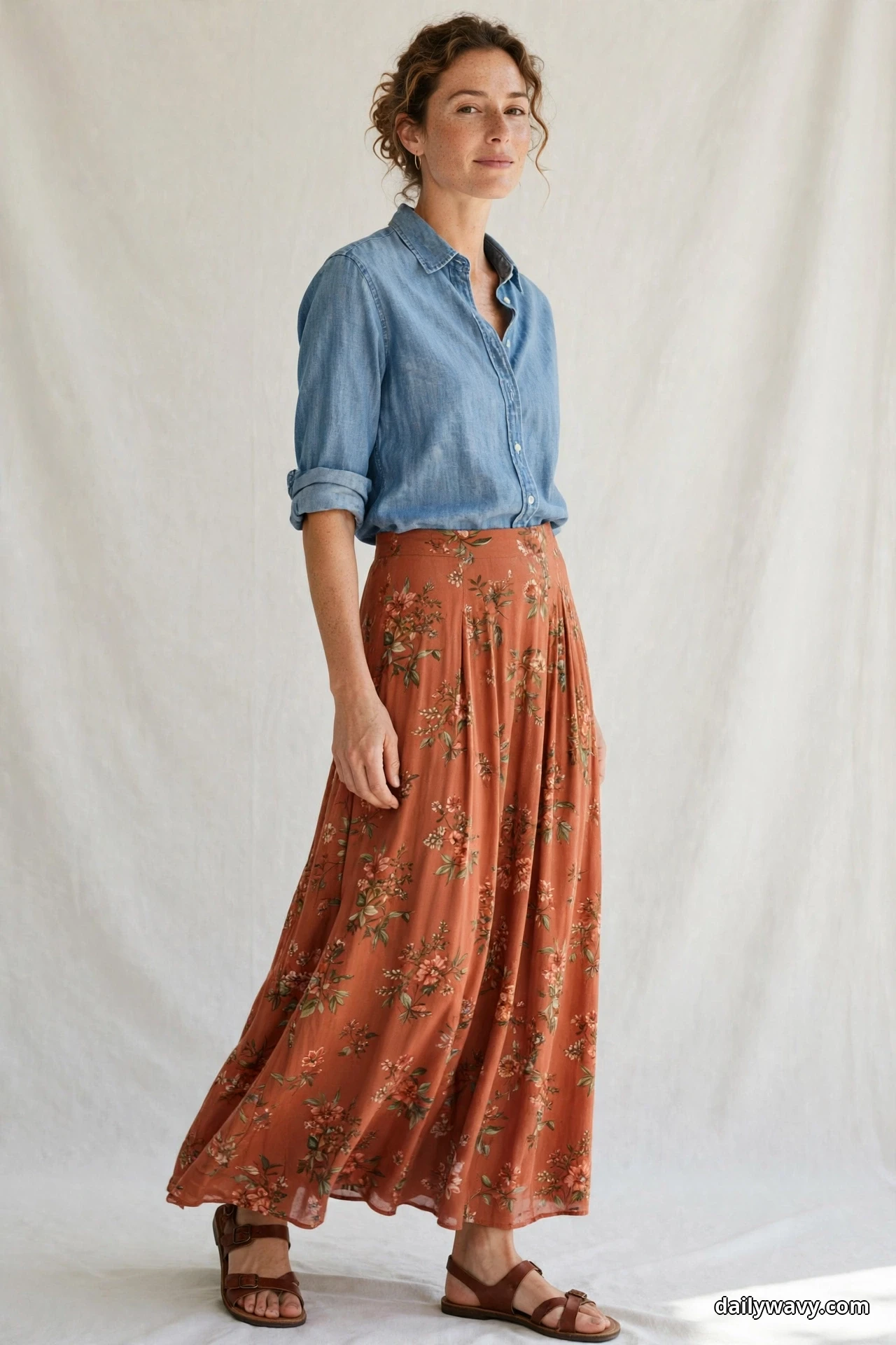 A woman stands full length against a plain cream backdrop wearing a light blue chambray shirt tucked into a rust-orange floral maxi skirt, with brown leather flat sandals