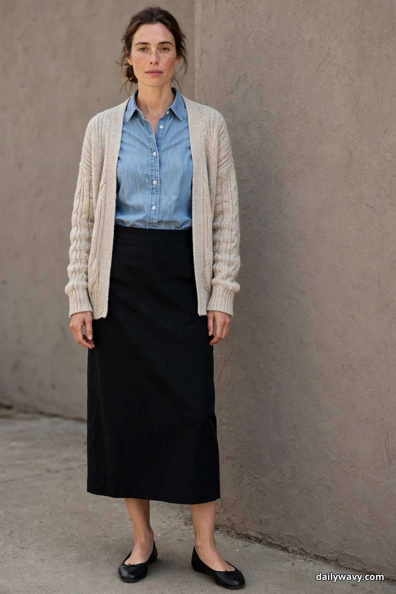A woman stands full length against a textured taupe wall wearing a light blue chambray shirt under an open oatmeal cable-knit cardigan with a black straight midi skirt, with black ballet flats