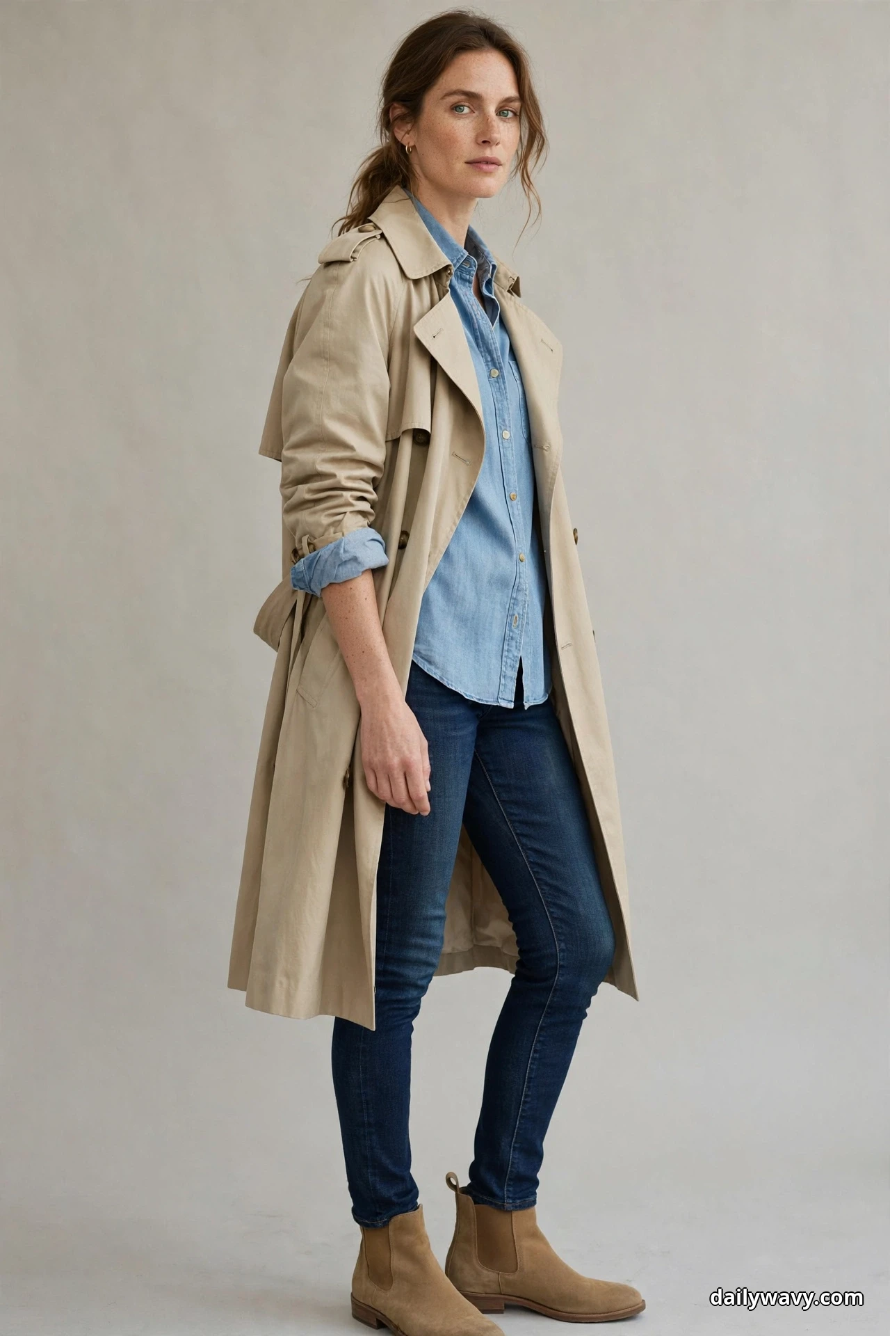 A woman stands full length against a plain light wall wearing a light blue chambray shirt and dark indigo skinny jeans under an open beige trench coat, with tan suede Chelsea ankle boots