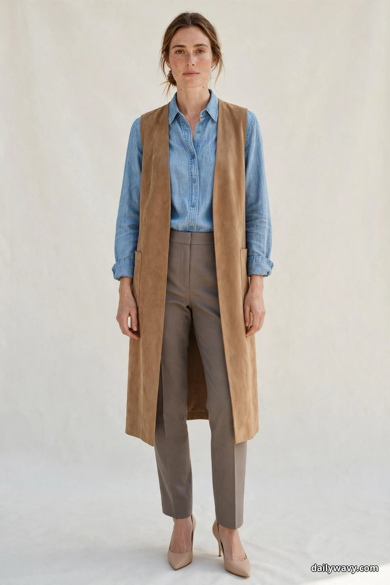 A woman stands full length against a plain cream wall wearing a light blue chambray shirt under a long camel suede vest worn open, with taupe tailored trousers and nude pointed heels