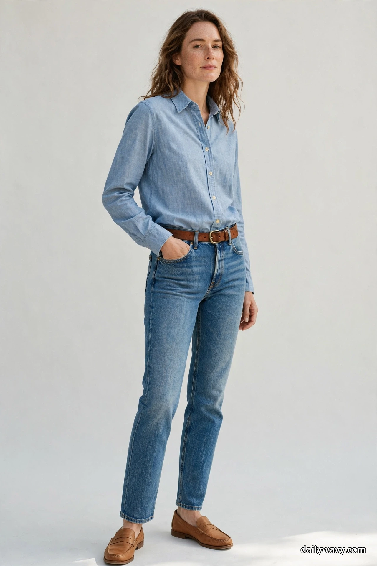 A woman stands full length against a plain light wall wearing a light blue chambray shirt tucked into medium-wash straight-leg jeans with a brown leather belt, with tan leather loafers