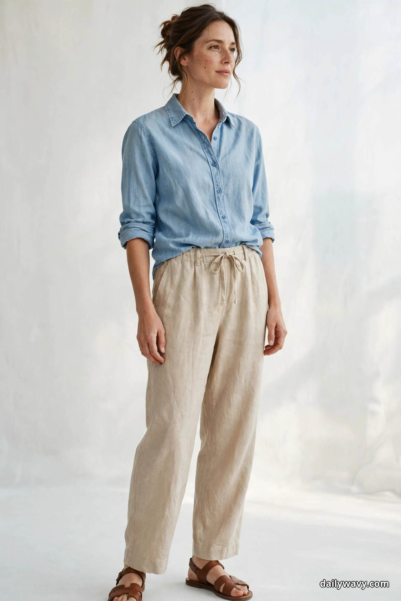 A woman stands full length against a plain white backdrop wearing a light blue chambray shirt with a loose front tuck into natural beige linen drawstring trousers, with brown leather flat sandals