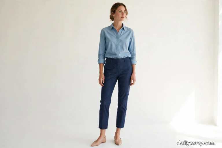 A woman stands full length against a plain white wall wearing a light blue chambray shirt with rolled sleeves tucked into dark navy cropped trousers, with nude pointed flats