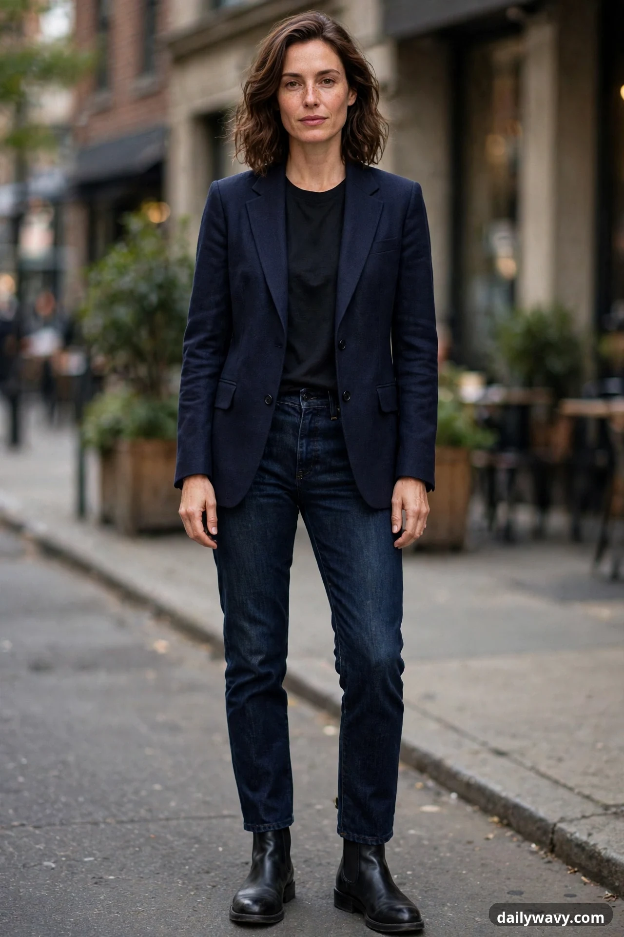 A closer street view shows a woman in a navy blazer over a black top wearing dark straight-leg jeans that meet the top of black leather chelsea boots.