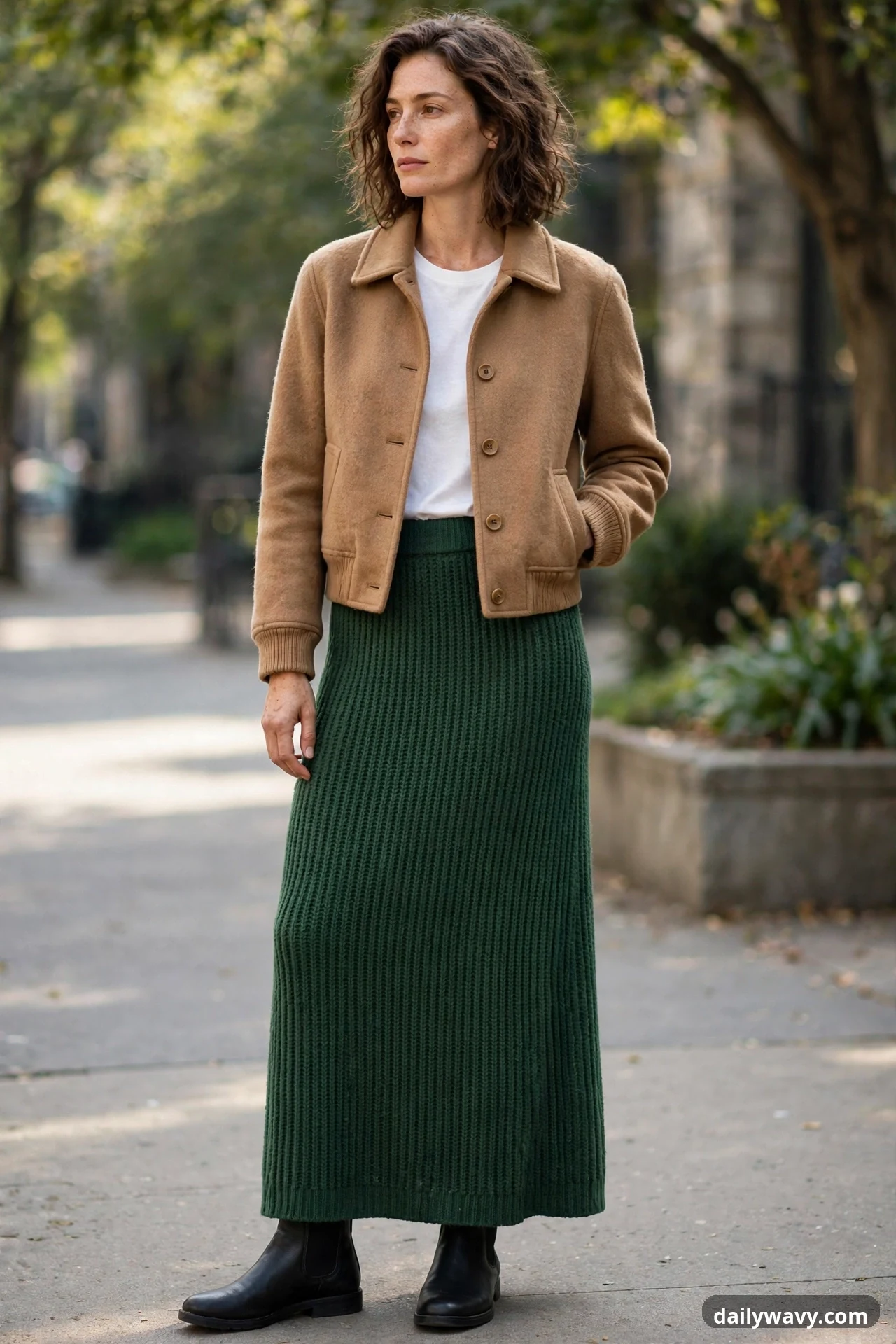 A woman wears a cropped camel jacket over a white top with a forest green ribbed knit maxi skirt that falls to the top of her black chelsea boots.