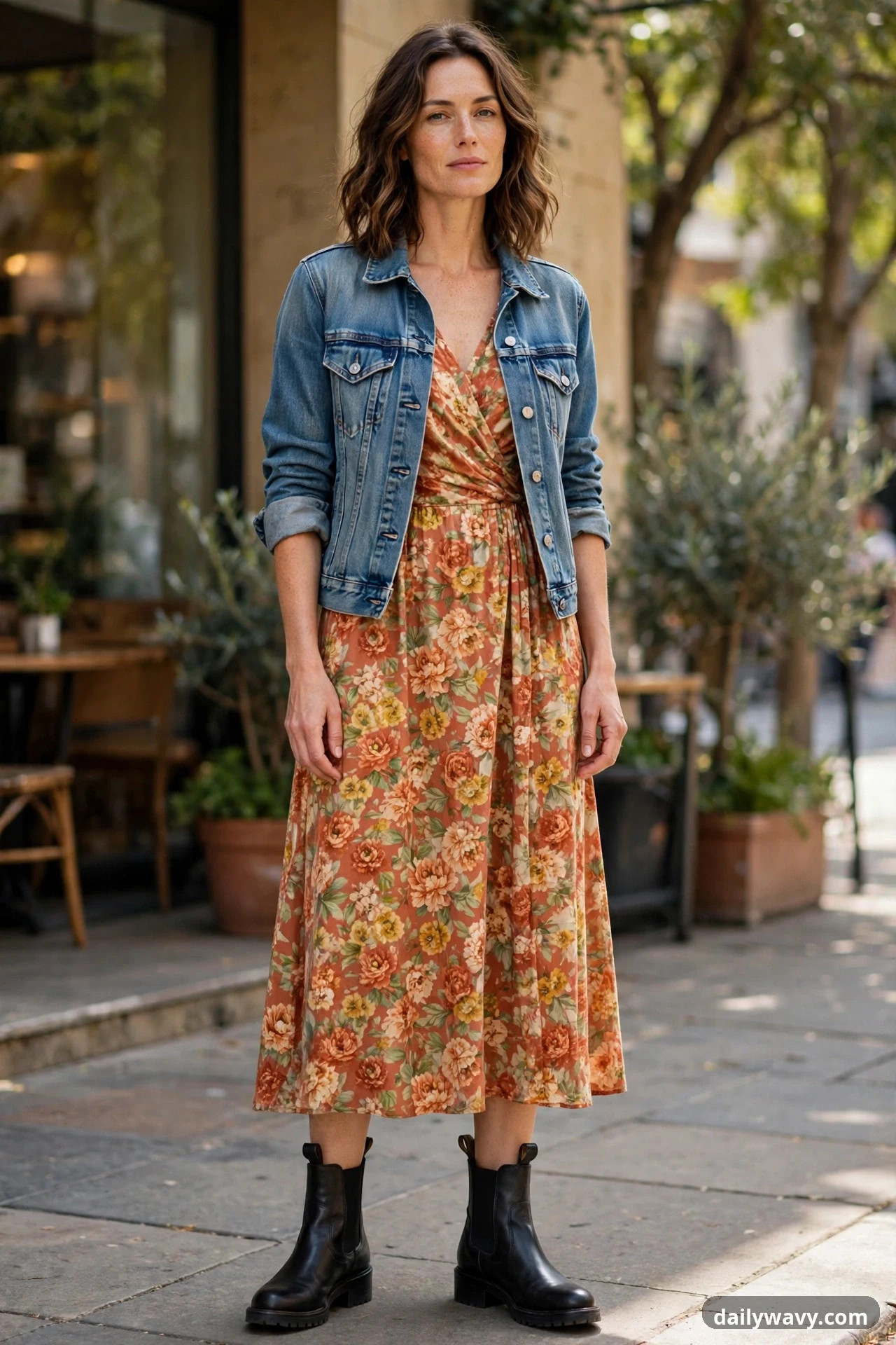 A woman wears a rust floral midi wrap dress with a medium-wash denim jacket, her bare legs showing above chunky black leather chelsea boots.