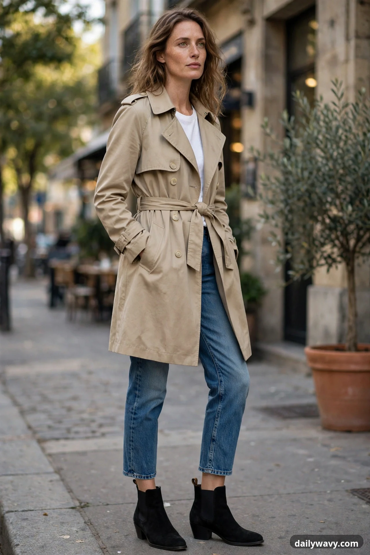 A woman wears a belted tan trench coat over a white t-shirt with medium-wash cropped straight-leg jeans ending above black suede chelsea boots.