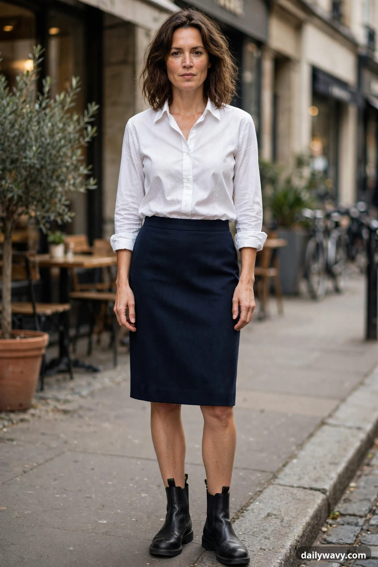 A woman stands on a sidewalk in a white cotton shirt tucked into a navy straight knee-length skirt, with bare legs above black leather chelsea boots.