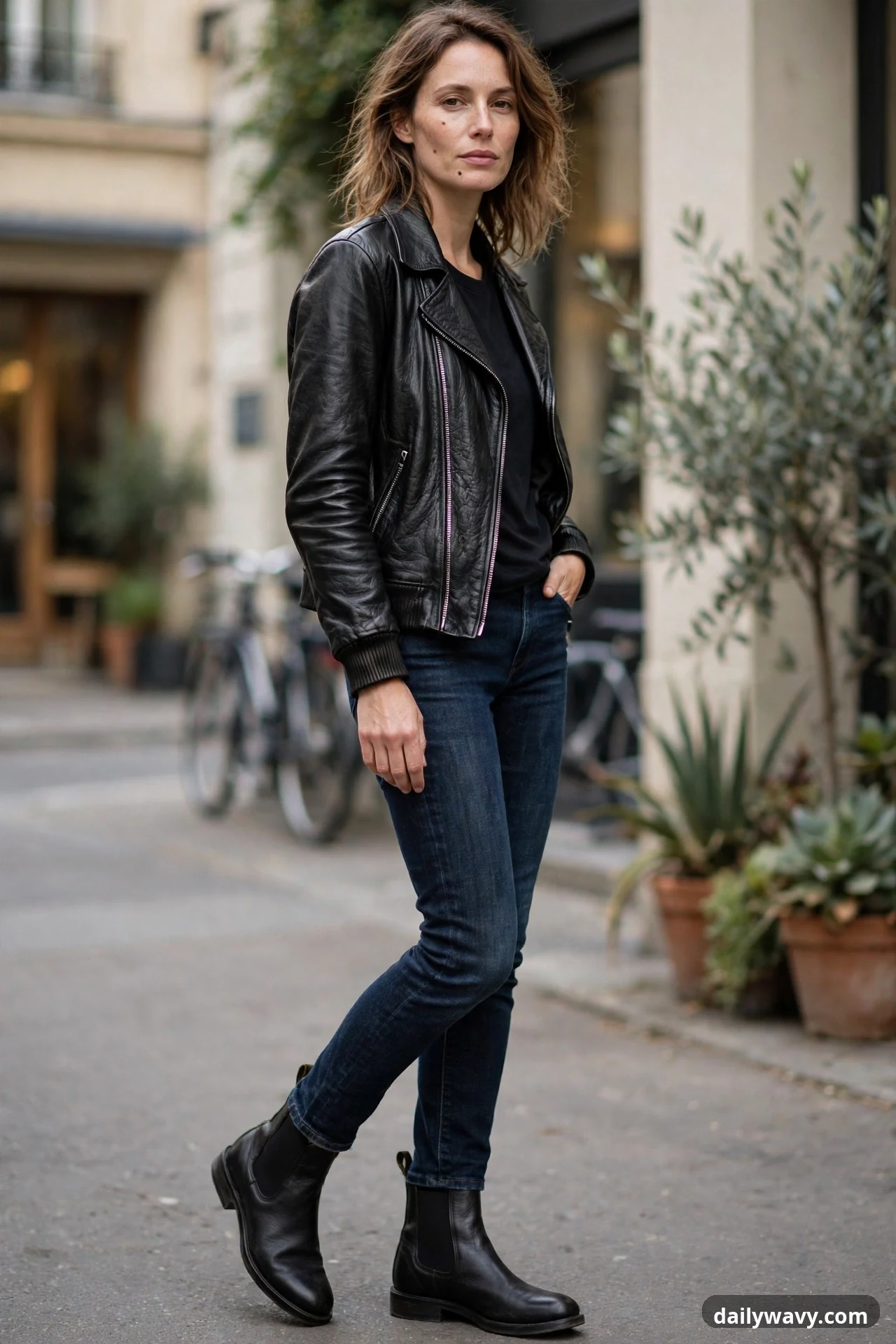A woman wears a black leather biker jacket open over a black t-shirt with dark slim jeans that end right at the top of black leather chelsea boots.