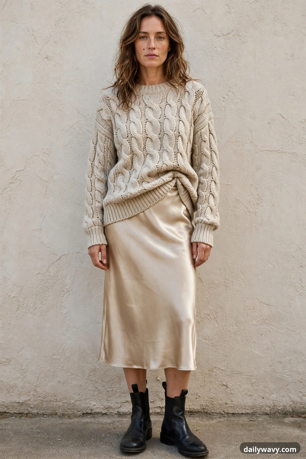 A woman stands against a plain wall in a chunky oatmeal cable-knit sweater half-tucked into a champagne satin slip skirt, with black leather chelsea boots below the mid-calf hem.