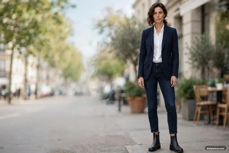 A wide street view shows a woman in a navy blazer and white shirt wearing dark slim jeans that end just above black leather chelsea boots with elastic side panels.