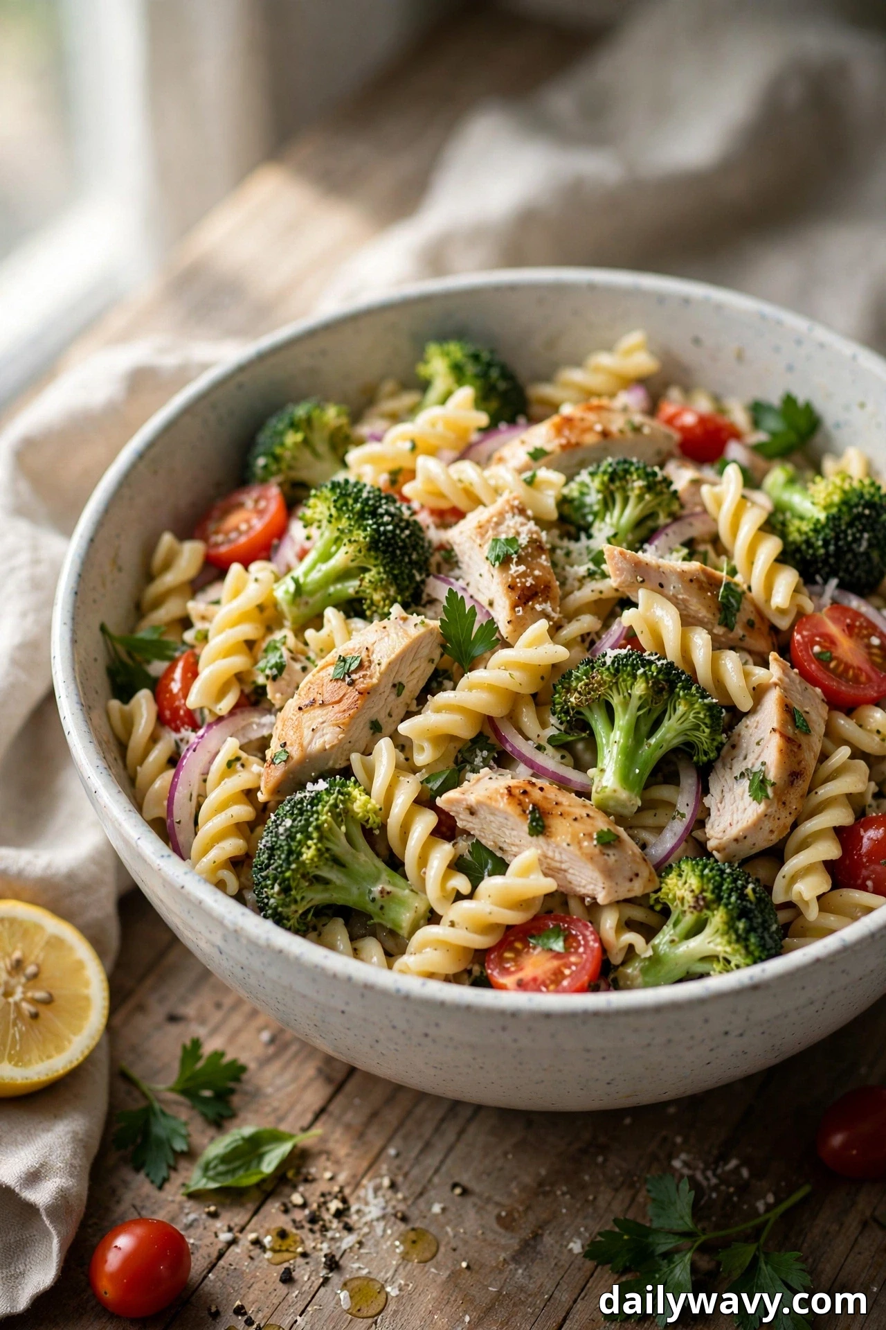 A speckled bowl on a wooden table holds twisted pasta tossed with sliced grilled chicken, broccoli florets and chopped parsley in a glossy lemon-herb dressing.