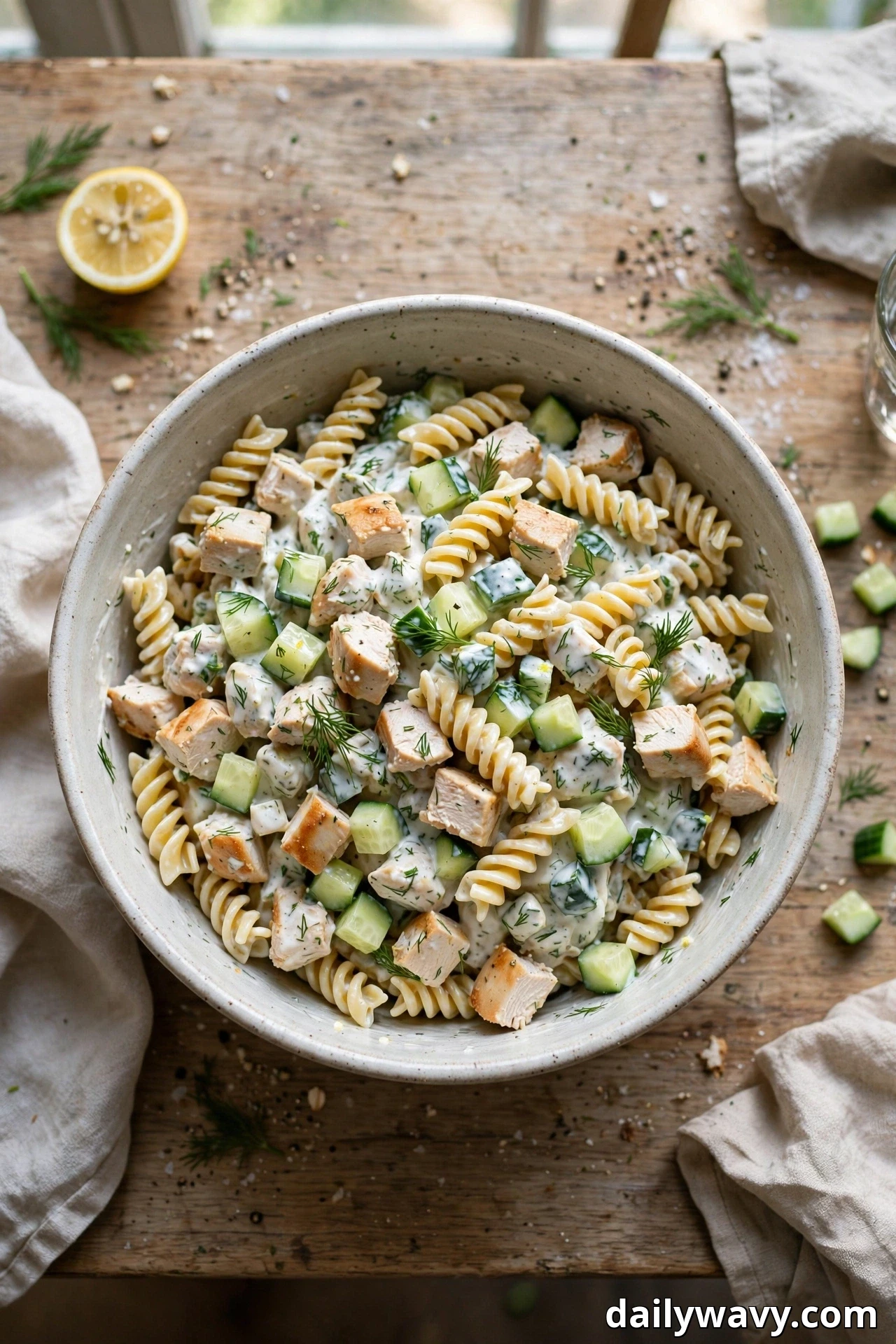 A speckled bowl on a wooden table holds rotini pasta salad tossed with diced chicken, cucumber cubes and fresh dill in a creamy yogurt dressing.