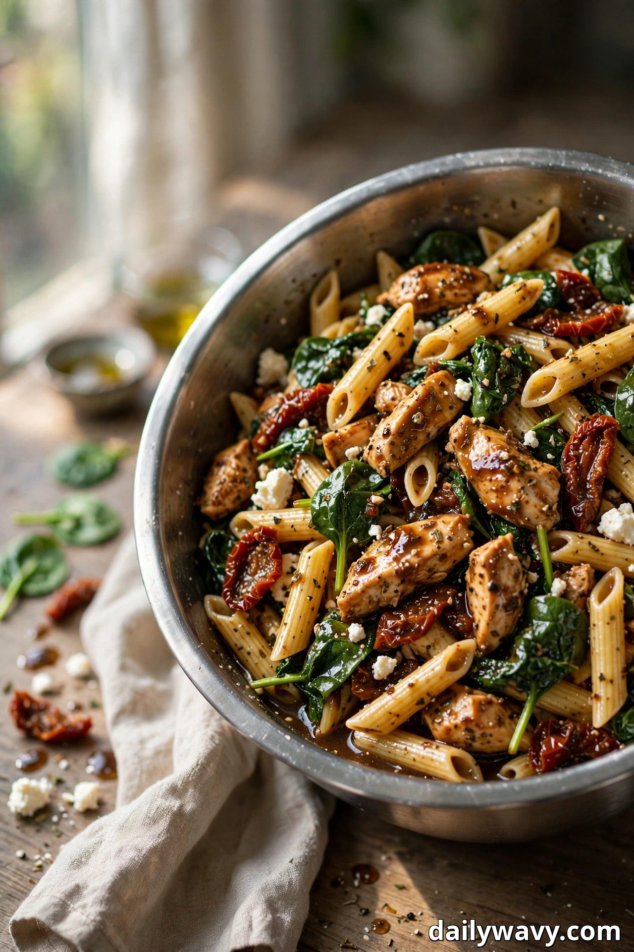 A metal bowl holds penne pasta salad tossed with spinach leaves, sun-dried tomatoes, sliced chicken and crumbled feta in a dark balsamic dressing.