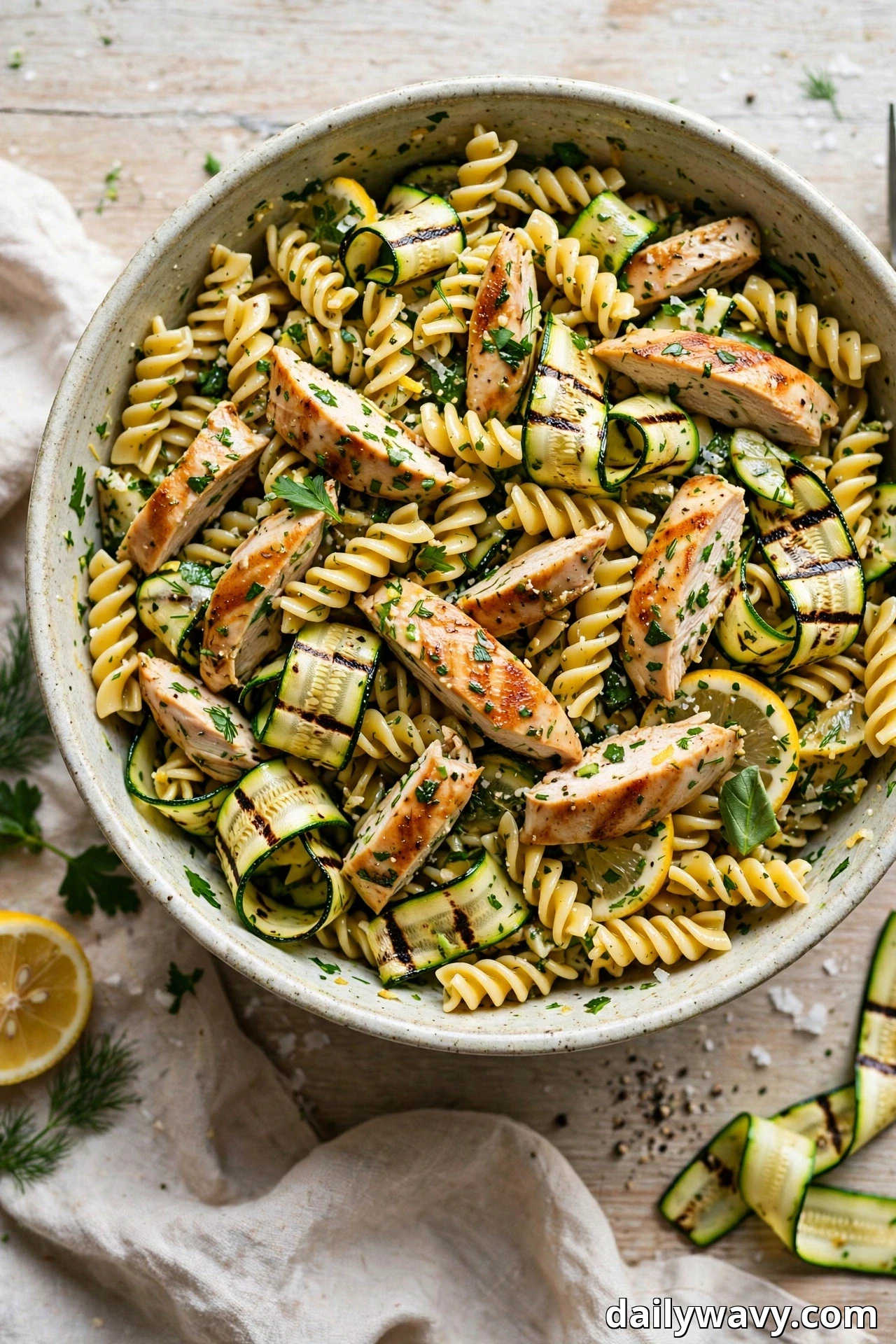 A speckled bowl holds fusilli pasta salad tossed with grilled zucchini ribbons, sliced grilled chicken and chopped fresh herbs in a lemon dressing.